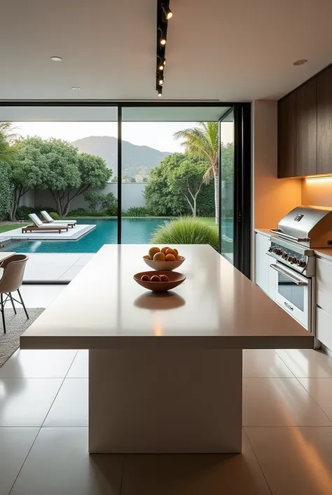 Create me a countertop with a table in the middle with a grill in the back with sliding windows and with furniture above the table and with a pool in the back  

