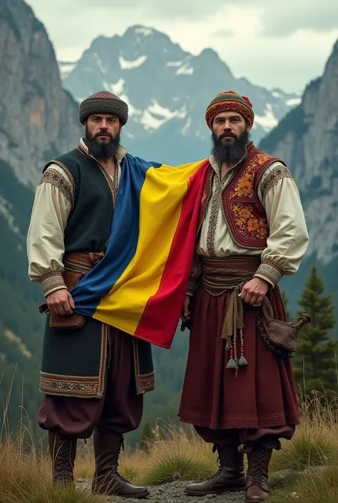 Two Romanian-looking men in the mountains of Transylvania,  dressed in traditional Transylvanian costume, Hold the Romanian flag 