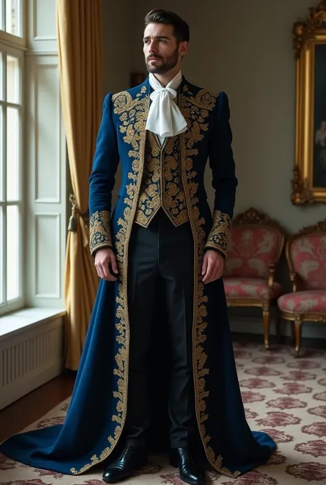 .

man (30 YEARS)

	1.	Stature: high.
	2.	fur: white.
	3.	hair: dark.
	4.	 expression:  Serious and somber .
	5.	Nose: straight.
	6.	outfit:
	 • Victorian style , royal cut .
	• Colors:  Navy blue and gold .
	7.	Role: rey ( you can see your status in your ...