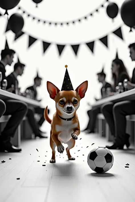 Pero Chihuahua playing soccer at a black and white birthday party