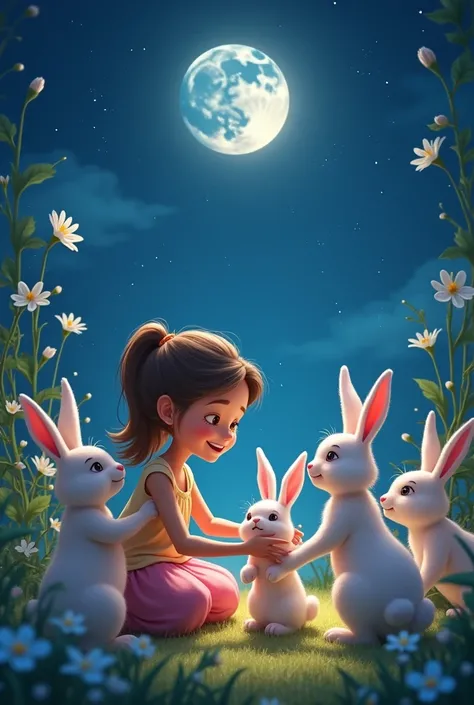 Girl gives a bunny to several bunnies in the animated night