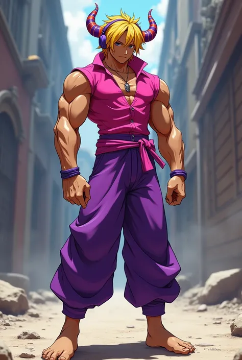 A young male with light brown skin with yellow hair with a black-eyed frock wearing a fuchsia sleeveless shirt with purple pants ( barefoot) con unos audífonos 🎧 morados con un gorro colorido con cuernos ( In muscular anime ) 
