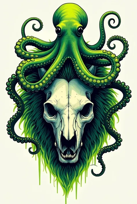  Octopus on top of a lions skull,  that looks like tentacles form a lions mane. in neon green , Idea for tatoo with thick lines  