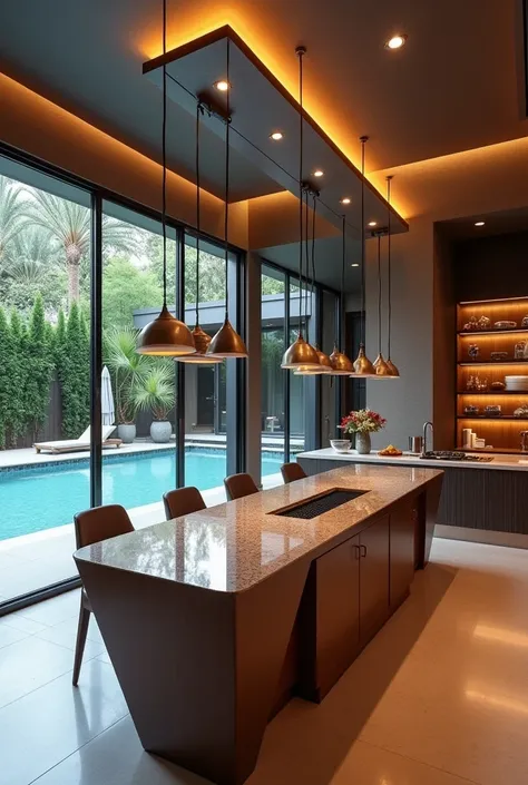 Create me a counter with a table in the middle in diamond style with a grill in the back with sliding windows and with furniture above the table and with a pool in the back  

