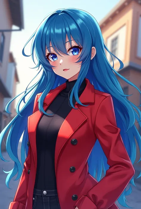 Anime girl with blue hair and a red coat showing off her Pepeca