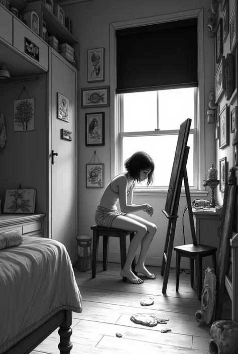  Realistic black and white image  .  Overview of a small bedroom with a single bed inside , a closet  ,  many paintings hanging on the walls ,   a chair near the black window .  The room is chaotic .  Inside the room ,   there is a girl sitting on a girl a...