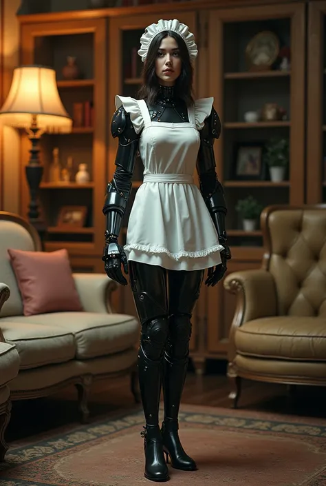 Cyborg woman wearing maid clothes in the living room of a house