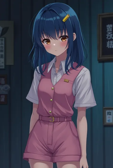 Anime teen girl with dark night blue hair with fair skin and brown eyes wearing pink shorts jumpsuit and two yellow clips 