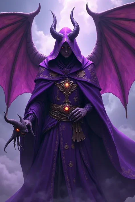 Create a wizard RPG avatar that uses the purple theme and features a homunculus demon with wings and flies 