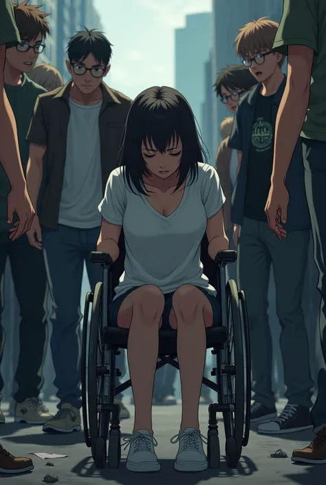 woman in a wheelchair humiliated by everyone anime style