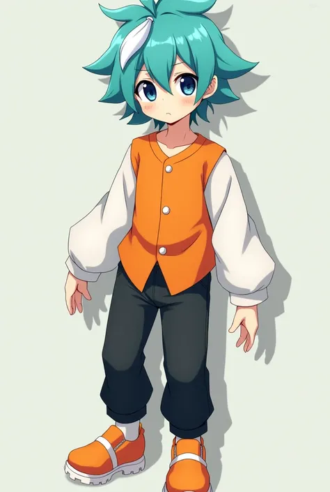 Anime teen boy with cyan hair with a white lock and navy blue eyes and an orange blouse with long white sleeves and black pants and orange shoes with white details