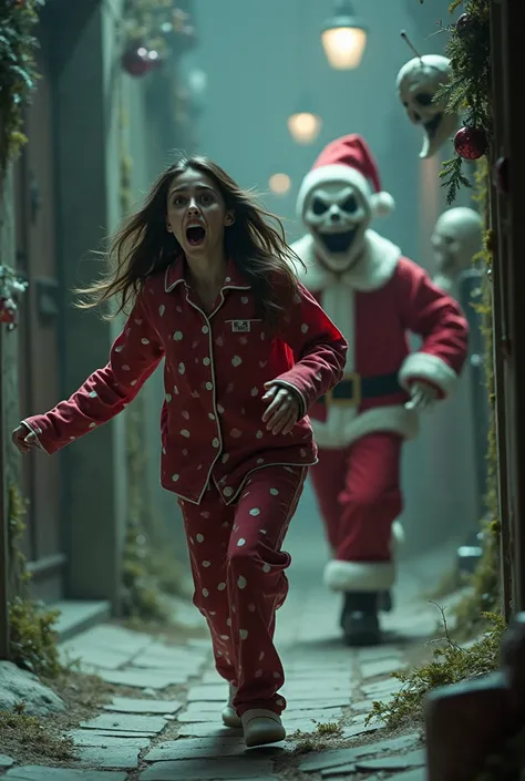 a high resolution image of a nightmare before Christmas with a charming woman wearing pajamas with a scared expression and tears while running from a boogie man wearing santa costume trying to catch her the background is a mixed of a bit distorted christma...