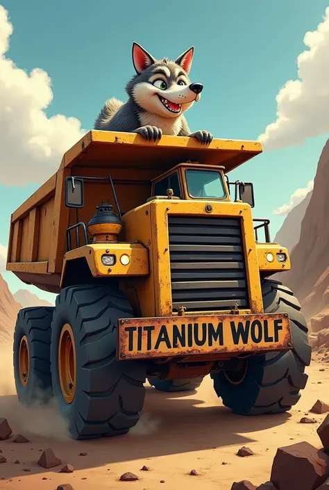 A smiling wolf is driving a mining dump truck and at the bottom of the image there is a sign that says Titanium Wolf with black letters and a lead background.