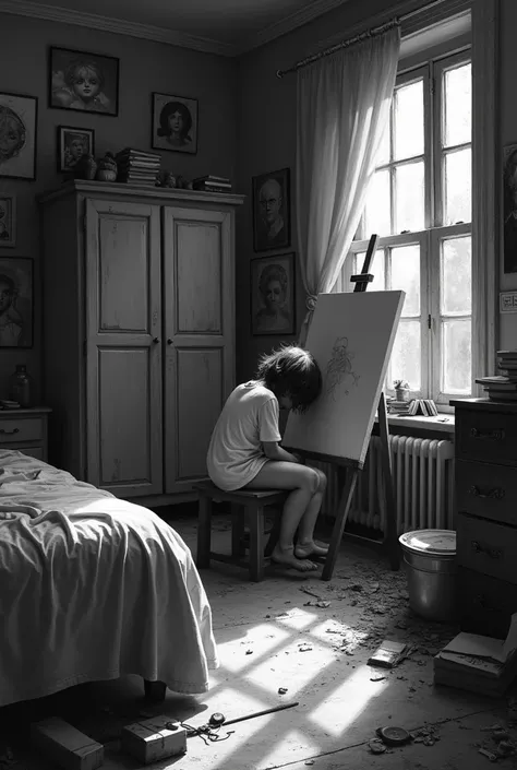  Realistic black and white image  .  Overview of a bedroom with a bed inside  , a closet  , many paintings ,   a chair near the black window .  The room is chaotic .  Inside the room ,  away from the window there is a girl sitting on a stool who paints a c...