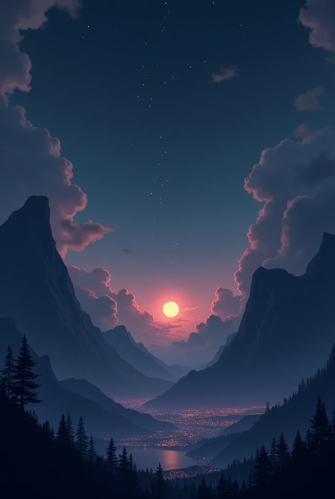 Generate an image for a background of a soft lofi or electronic song but with colors that convey visual impacts but colors related to the night such as black etc. but more realisticasssss