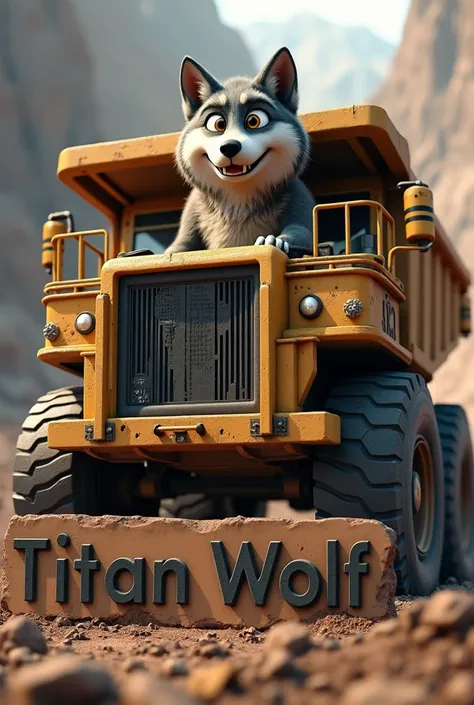 A smiling wolf drives a mining dump truck and at the bottom of the image there is a sign that says TITAN WOLF with black letters and a lead background.