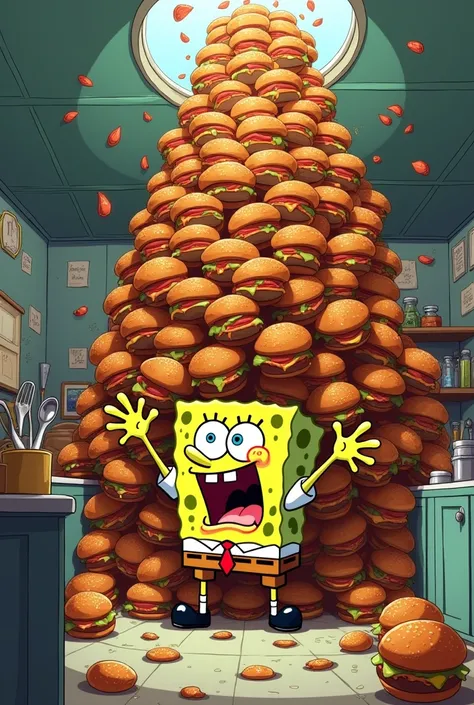 "SpongeBob in his kitchen ,  surrounded by hundreds of crab burgers piled up to the ceiling.  He has a frantic look ,  devouring hamburgers endlessly ,  as pieces of food fall around .  The environment seems cluttered ,  with grease stains and utensils thr...