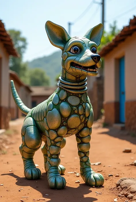 An dog made by bottles on an poor village