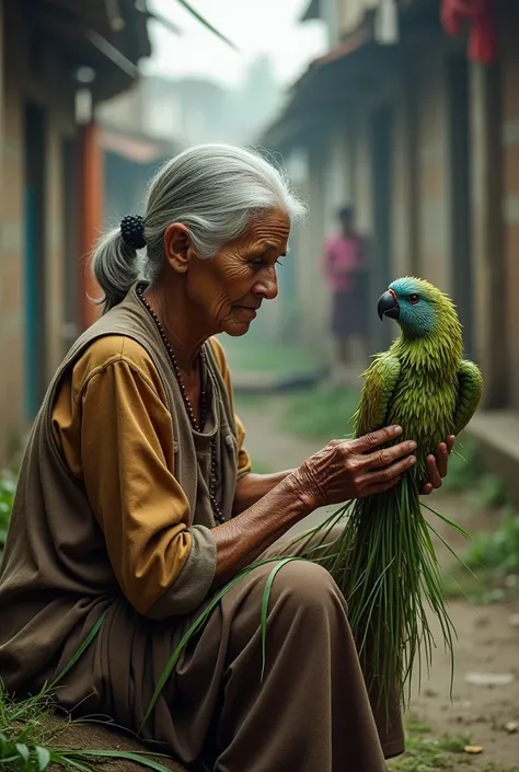 A grandmother makes a parrot out of grass doing her work in a poor neighborhood