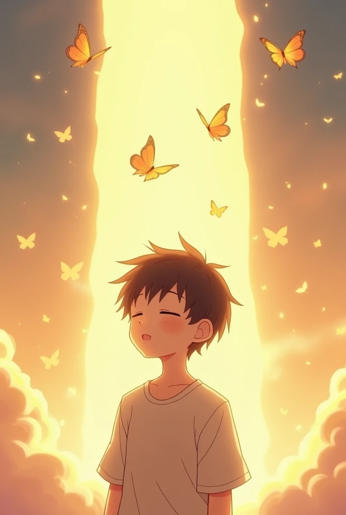 Young anime-shaped boy Shonen standing  ,  with eyes closed,   surrounded by three butterflies and a warm light that descends from the sky