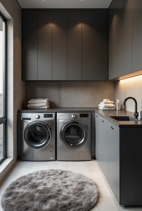 Choose varying shades of gray for tiles and walls, and include textured elements like a plush gray rug or a glossy gray countertop to create a layered effect.
Laundry 