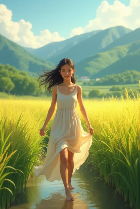 Outdoorsy girl wearing a dress to harvest rice