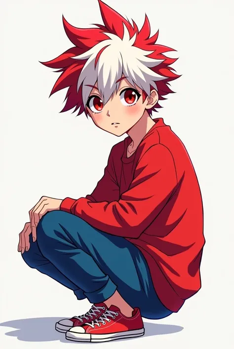  Light-skinned anime teen boy with red eyes and red hair with a white lock with a red long sleeve blouse, with blue pants and red shoes with white details 