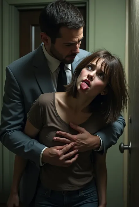 man stands behind a girl, grabs short straight brunette hair, head pulls back, neck snap, eyes open, tongue out