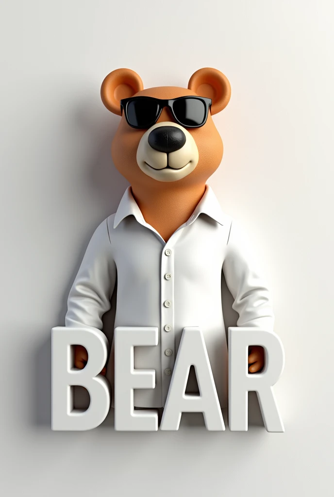 on a white wall background , a white shirt with an animated bear wearing sunglasses and the word BEAR written in 3d letters so that the word is written one on top of the other creating an effect like a 3d type 