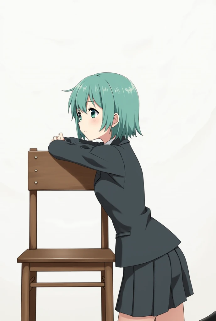 Draw me Miku Nakano from the anime about the quintuplets leaning on the back of his chair