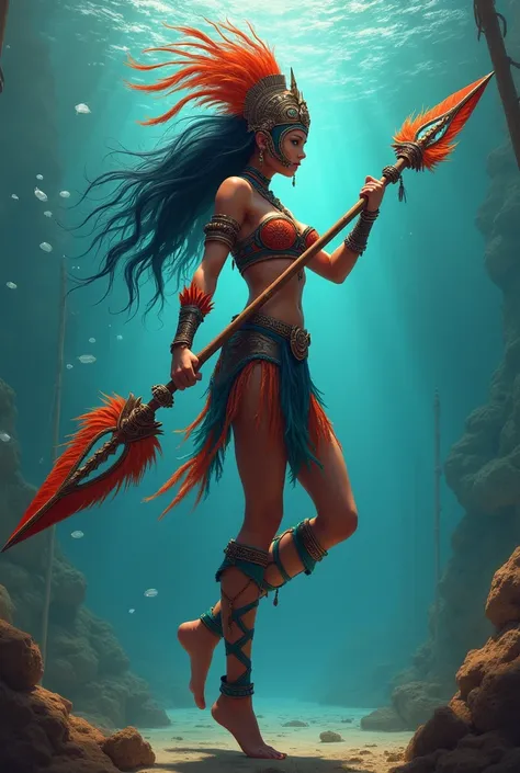 A woman wearing Mayan-style warrior clothing with various feathers and colors red , navy blue, brown,  and cyan from the Talokan civilization from the Black Panther movie underwater holding a full-body spear with calf fins