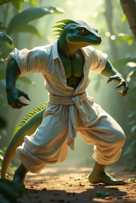  I want a strong chameleon man, Dressed in capoeira clothing , white pants and white shirt 