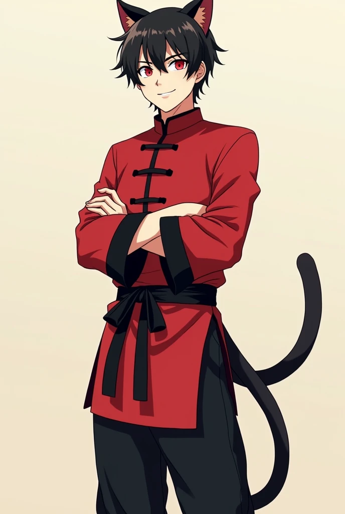  masterpiece ,  better quality ,  illustration,  science fiction , Alone,  male approach , A 21-year-old man ,  short black hair,  red kung fu practitioners clothing with black straps on the edges of the sleeves and neck, At the waist its characteristic ri...