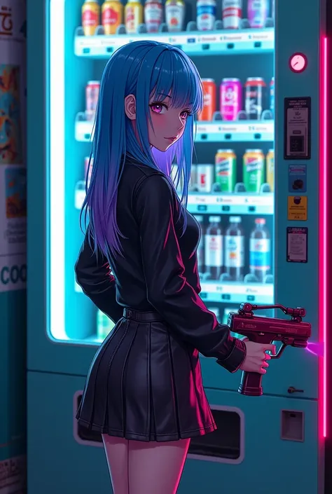 a girl standing in front of a soda vending machine, in cyberpunk aesthetic, Octoling, blue and purple glowing hair, turquoise and pink lighting, goth girl, (holding a paint gun:1.2), paint shooting out of the paint gun, (anime aesthetic:1.2)