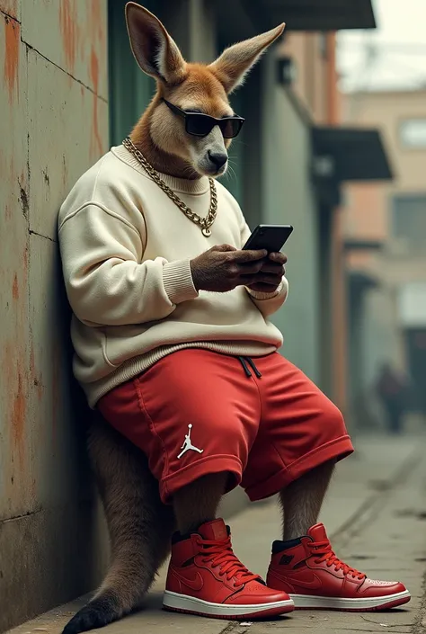 A tall and strong Kangaroo dressed in a white sweater Jordan red shorts Jordan red shoes with dark glasses lying against the wall watching his cell phone in a dangerous neighborhood in Brazil to look real 