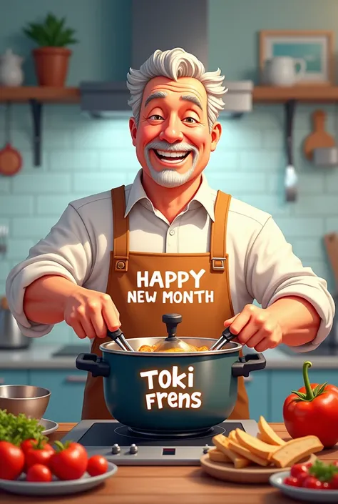 Generate picture of a man cooking with Happy new month TOKi frens written on the cooker write it clearly please "HAPPY NEW MONTH TOKI FRENS"