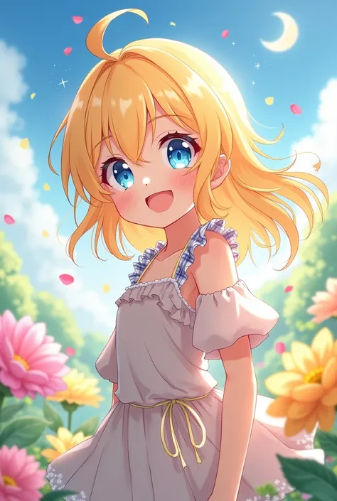 smile ,  gold hair, ,sky, ,full body, , , pleated , , ahoge, , , :d,  glitter,blue ,eyes, spring (season), Flower field,,.,, , wind,, ,from side, , petals, colorful,pastel,cheak plaid,cyan,pink,yellow,green,white,red,cumulonimbus cloud, solo,orange,, moon,...