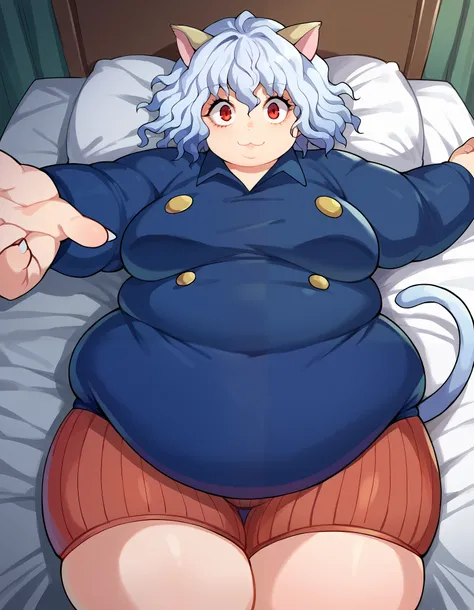 score_9, score_8_up, score_7_up, source_anime,
neferpitou, neferpitou, short hair, red eyes, animal ears, tail, white hair, cat ears, cat tail, curly hair, smile,
long sleeves, shorts,
indoors, bed, bed room, on back, arm support, arms up, incoming hug, po...