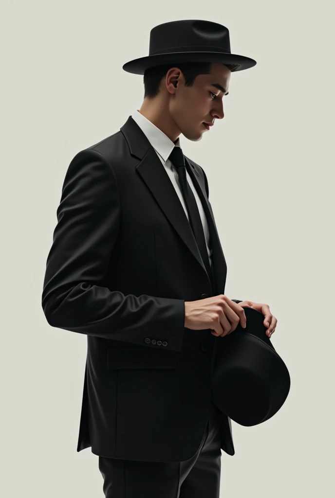 The black profile  ,  wears the black hat , black suit, white shirt, celana panjang hitam, black tie,  while holding the hat