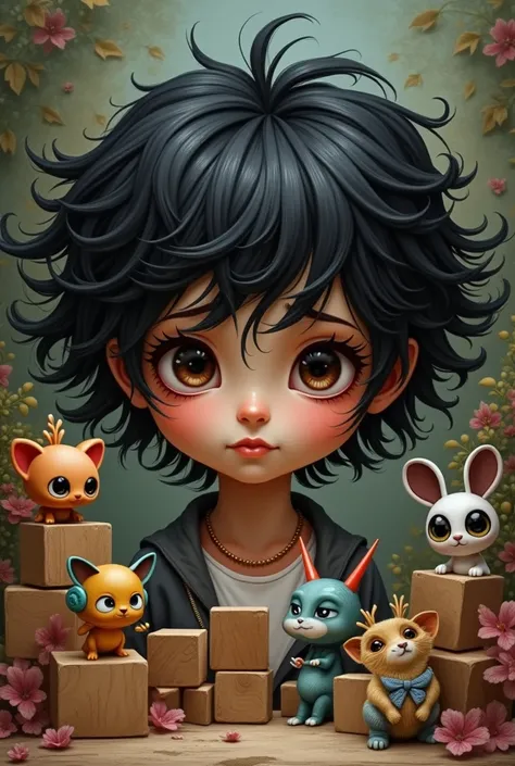 1 ,  black hair, toys, 