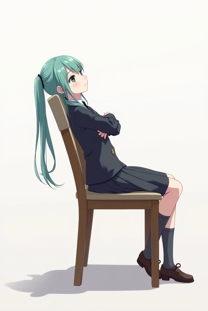 Draw me Miku Nakano from the anime about the quintuplets leaning on the back of his chair