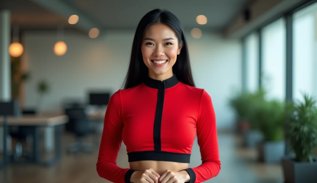 woman wearing a red crop top with black edges, straight black hair, standing, looking at viewer, office background, hands gathered, hands visible, smile