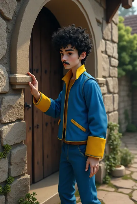  A skinny young white man with curly black hair and mustache. Knocks the door of a medieval house . He is wearing a blue jacket with blue pants and yellow details.