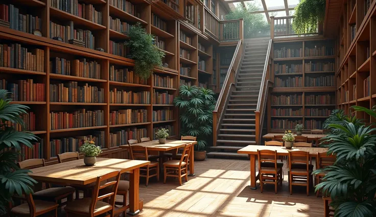  Imagine an empty library with countless books of all kinds on every possible bookshelf , with some simple tables and chairs ,  the place was well decorated with a few potted plants and a ladder to the second part of the library on the right side