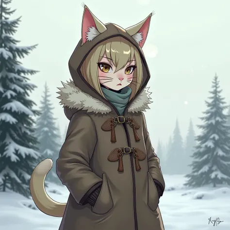 Anime cat girl in a coat in Russia