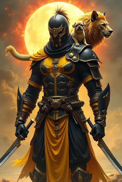  A young looking tall male character with a warrior mask covering the characters face and face, It is an uncapped black and yellow armor with an aura of red rays and golden water , A chimera with the face of a lion with a fiery mane with a feather body and...