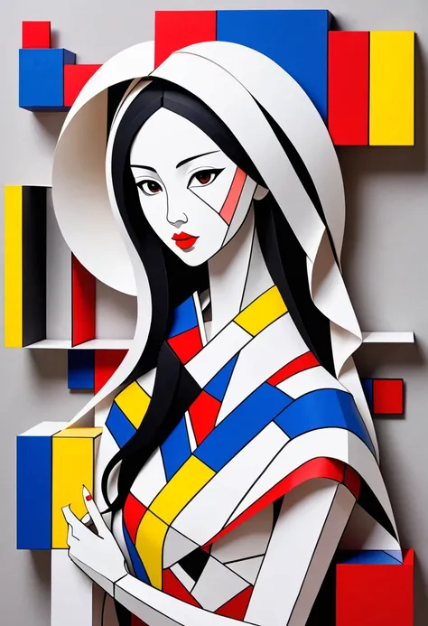 3D, impossible geometric shape, vietnamese woman of paper, nested, elegant, harmonious, fine and aesthetic, color inspired by Mondrian, Vasarely