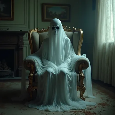  Ghost sitting in an armchair with its head up ,  the PHANTOM MERGES WITH THE FABRIC OF THE ARMCHAIR AS IF THEY WERE ONE THING,  antique armchair in a luxurious and ABANDONED bedroom ,  lots of cobwebs and dust , ALL VERY REAL AND DARK , THE GHOSTS BODY TU...