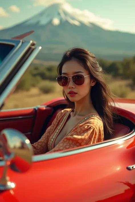 Japanese woman lunettes de soleil 1970 sepia in a red corvette, japanese mountain behind , old pics 