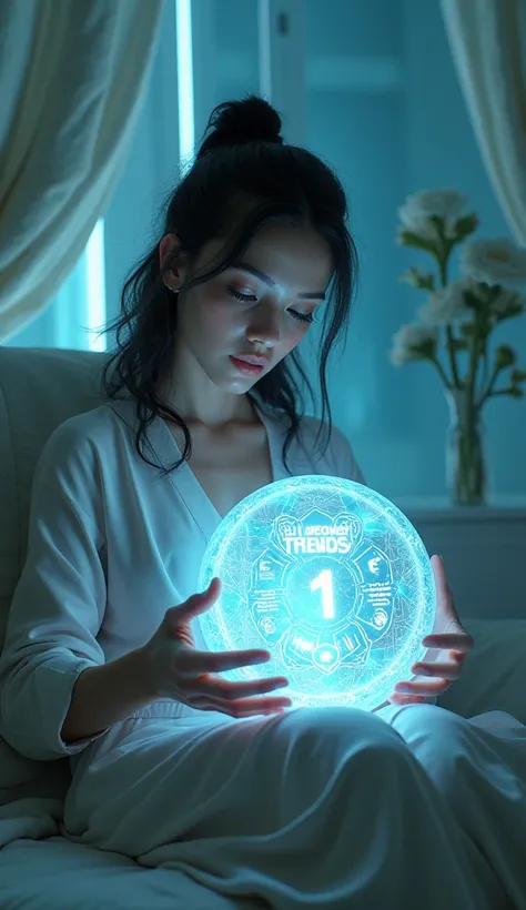 3d art style woman at home using a glowing crystal ball labeled “Video Trends” 